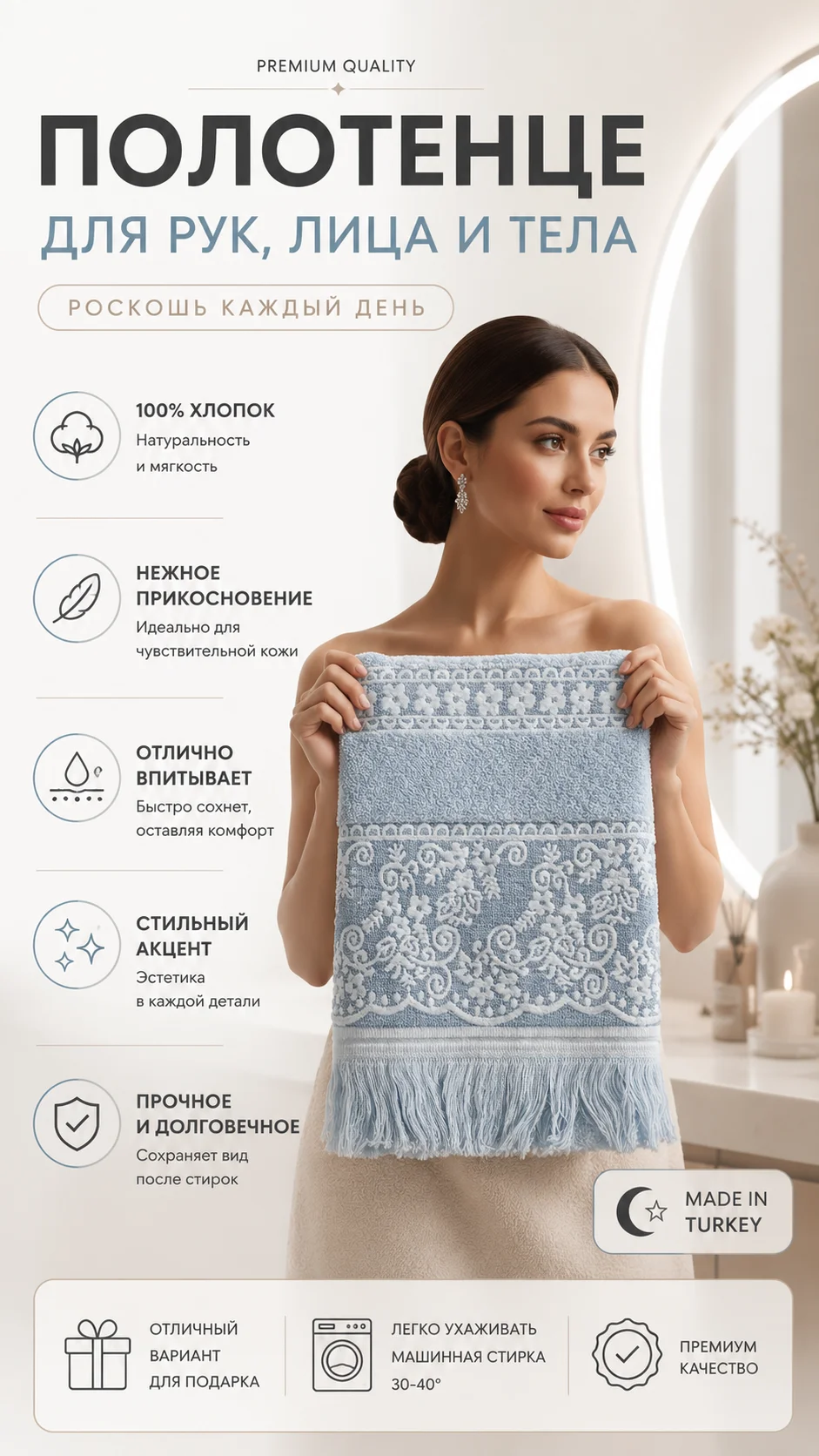 Полотенце EvraHome хлопок голубое 50х90 — изображение 3