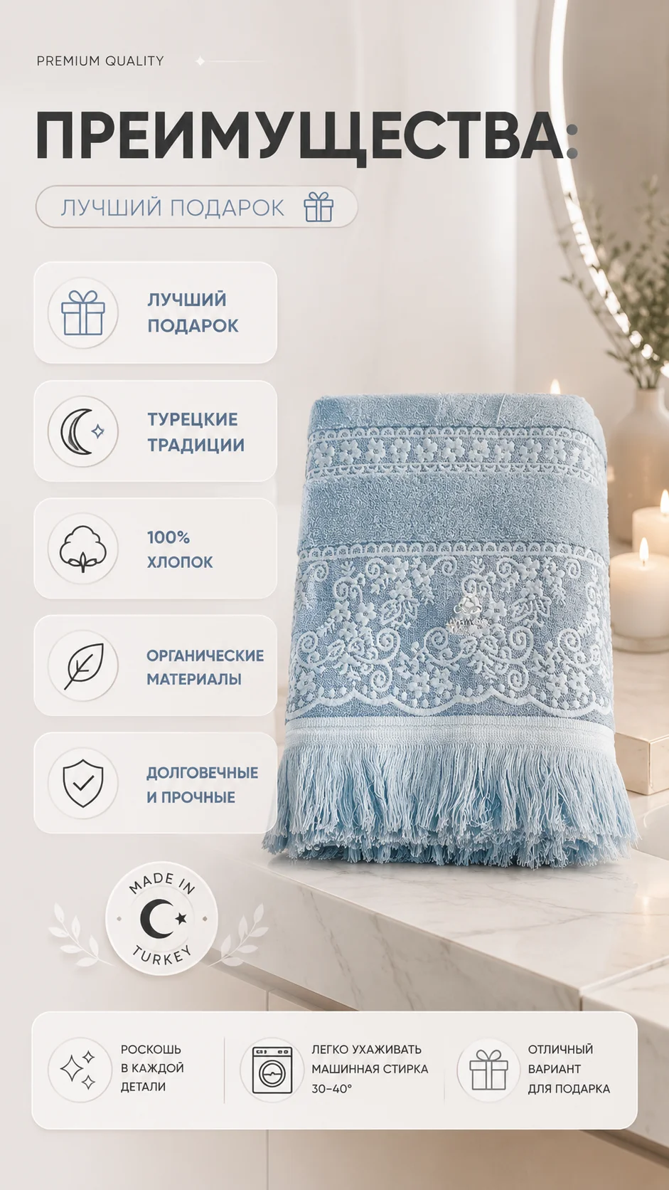 Полотенце EvraHome хлопок голубое 50х90 — изображение 4