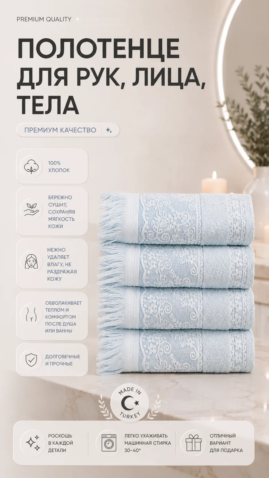 Полотенце EvraHome хлопок голубое 50х90 — изображение 5