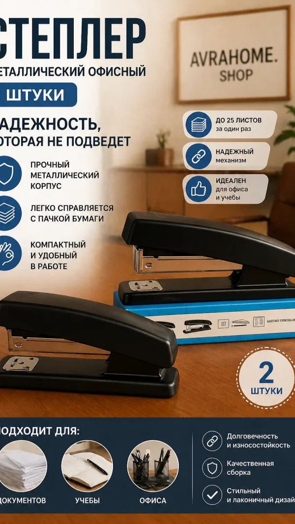 Степлер металлический офисный компактный для бумаги 2шт