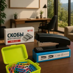 Набор офисный степлер скобы скрепки маркер нож