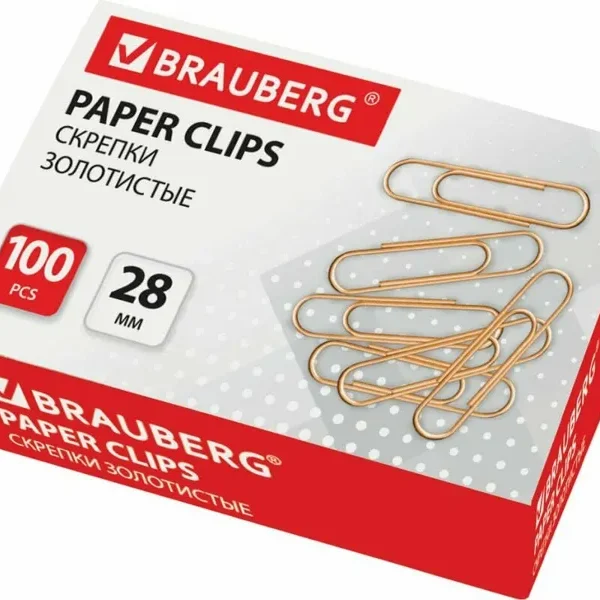 BRAUBERG Скрепки 28 мм золот, 100 шт, в карт. коробке, 221529
