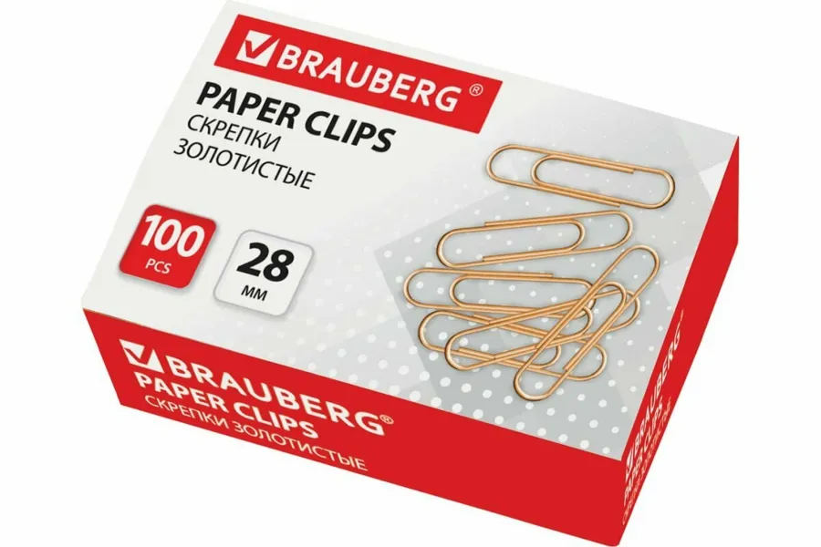BRAUBERG Скрепки 28 мм золот, 100 шт, в карт. коробке, 221529