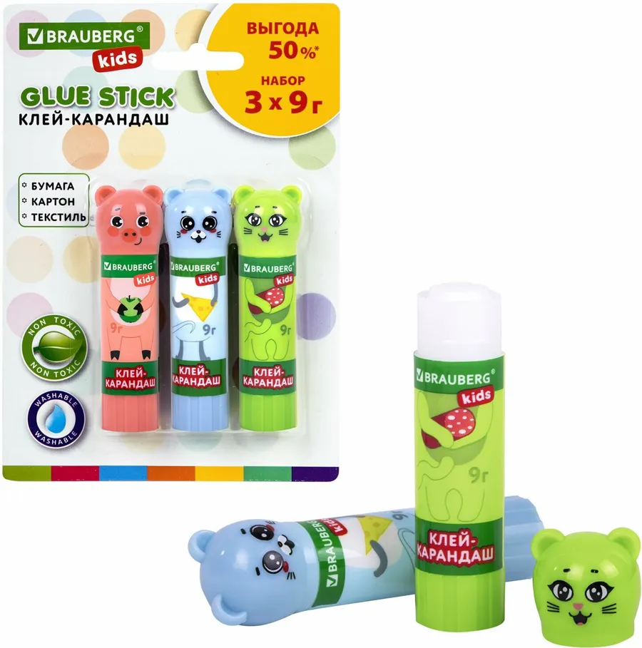 Упаковка 12 шт. Клей-карандаш "Зверята: кошка, мышка, хрюшка", 9 г, фигурный колпачок, 3 шт./блистер, BRAUBERG KIDS, 271141