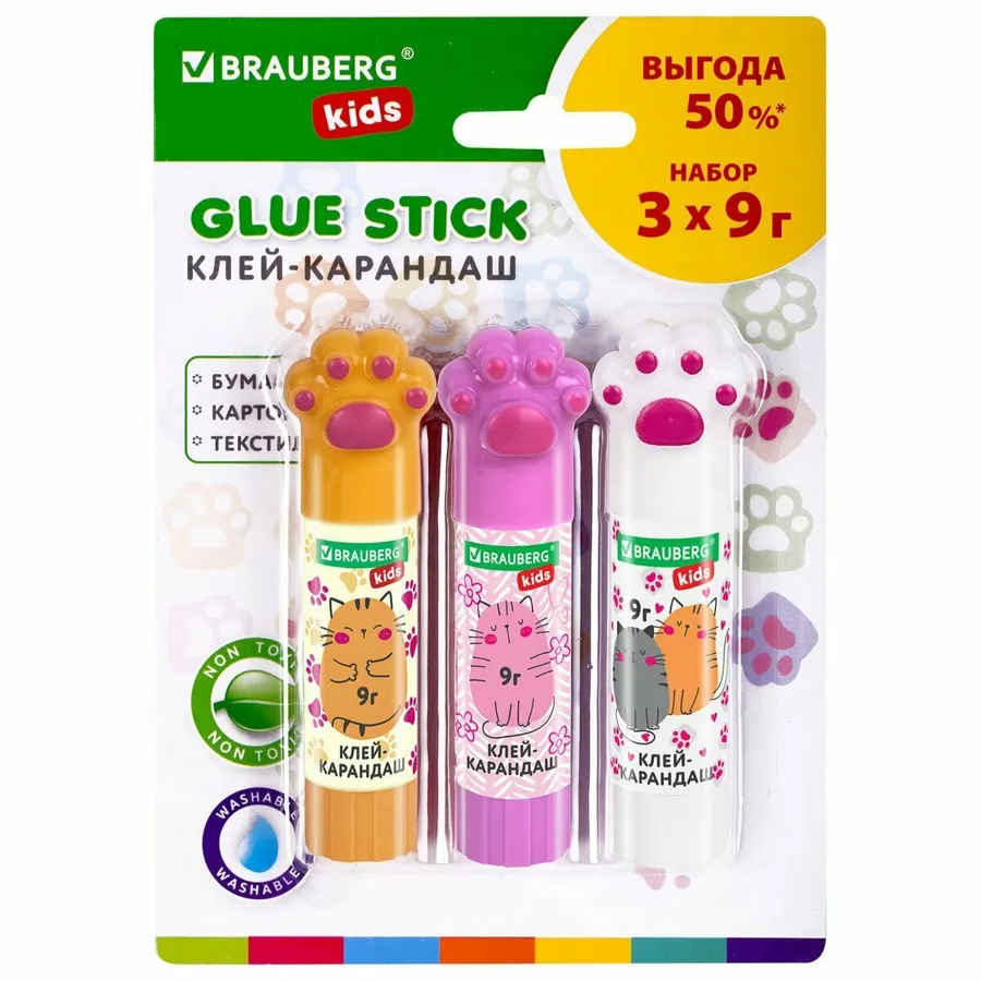 Клей-карандаш Brauberg Kids "Лапки" Cat Paw, 9г, фигурный колпачок, 3шт, блистер (271982), 12 уп.