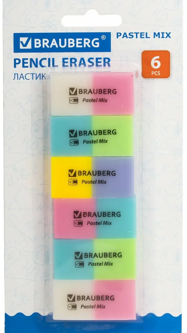 Упаковка 6 шт. Набор ластиков BRAUBERG "Pastel Mix", 6 шт, цвета ассорти, 44х21х10 мм, экологичный ПВХ, 229597