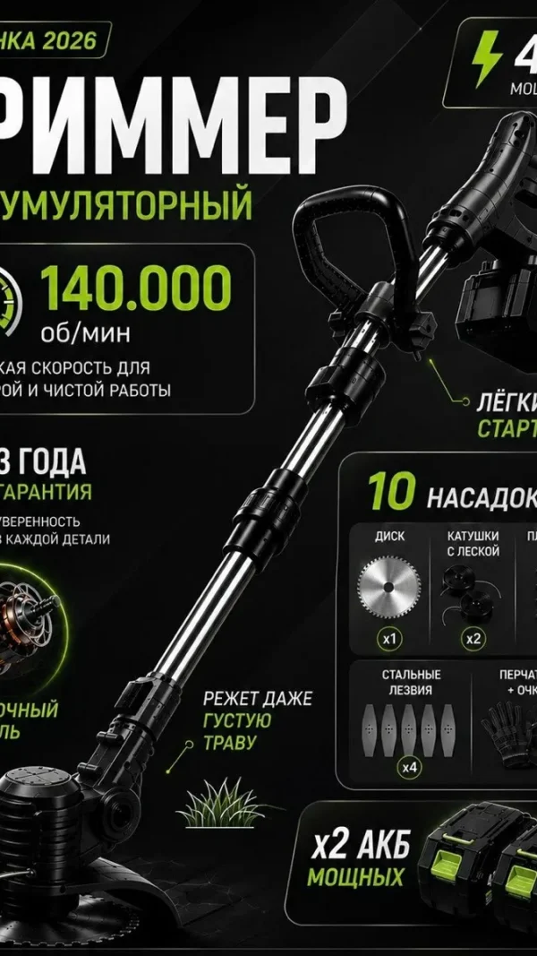 Электрический аккумуляторный триммер для травы, садовый, 10 насадок, черный