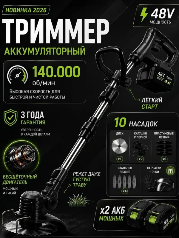 Электрический аккумуляторный триммер для травы, садовый, 10 насадок, черный