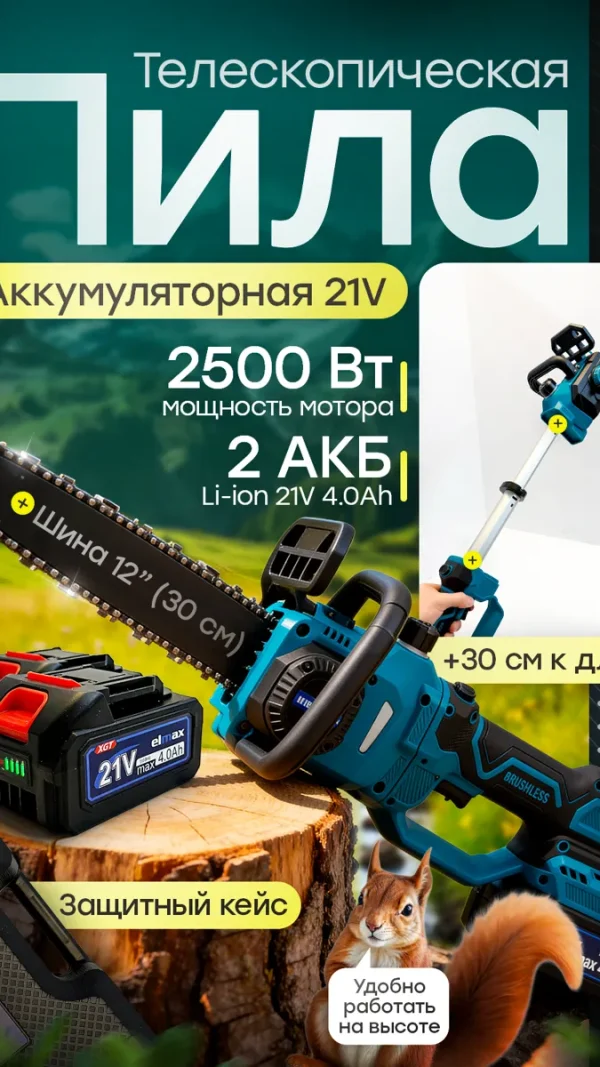 Пила аккумуляторная садовая цепная телескопическая бесщеточная мощная для дачи и сада