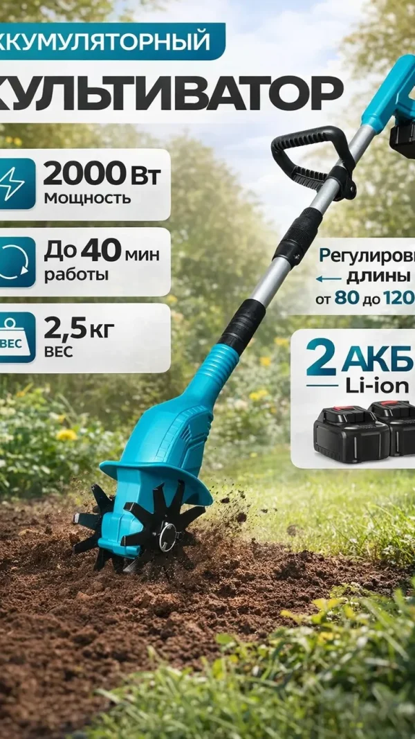 Культиватор аккумуляторный электрический садовый ручной для дачи 2 аккумулятора