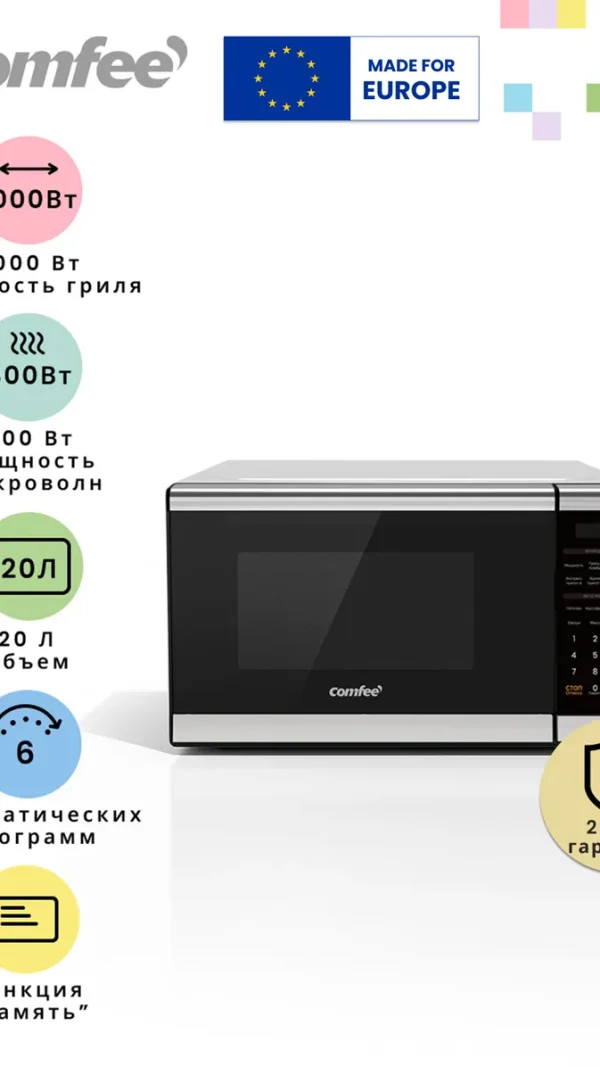 Микроволновая печь Comfee CMG207E03S, 20 л, 7 автопрограмм, LED дисплей, сенсор, таймер, гриль, разморозка по весу