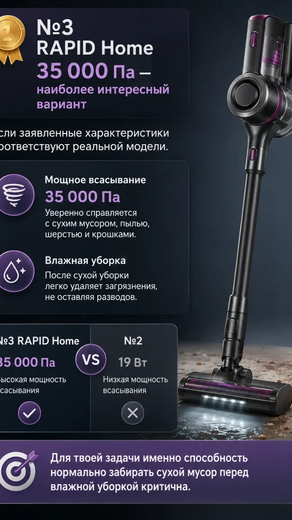 RAPID Home — вертикальный моющий пылесос 35 000 Па, беспроводной, сухая и влажная уборка