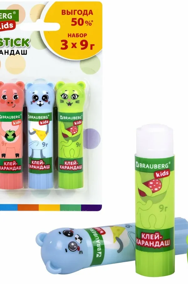 Упаковка 12 шт. Клей-карандаш "Зверята: кошка, мышка, хрюшка", 9 г, фигурный колпачок, 3 шт./блистер, BRAUBERG KIDS, 271141
