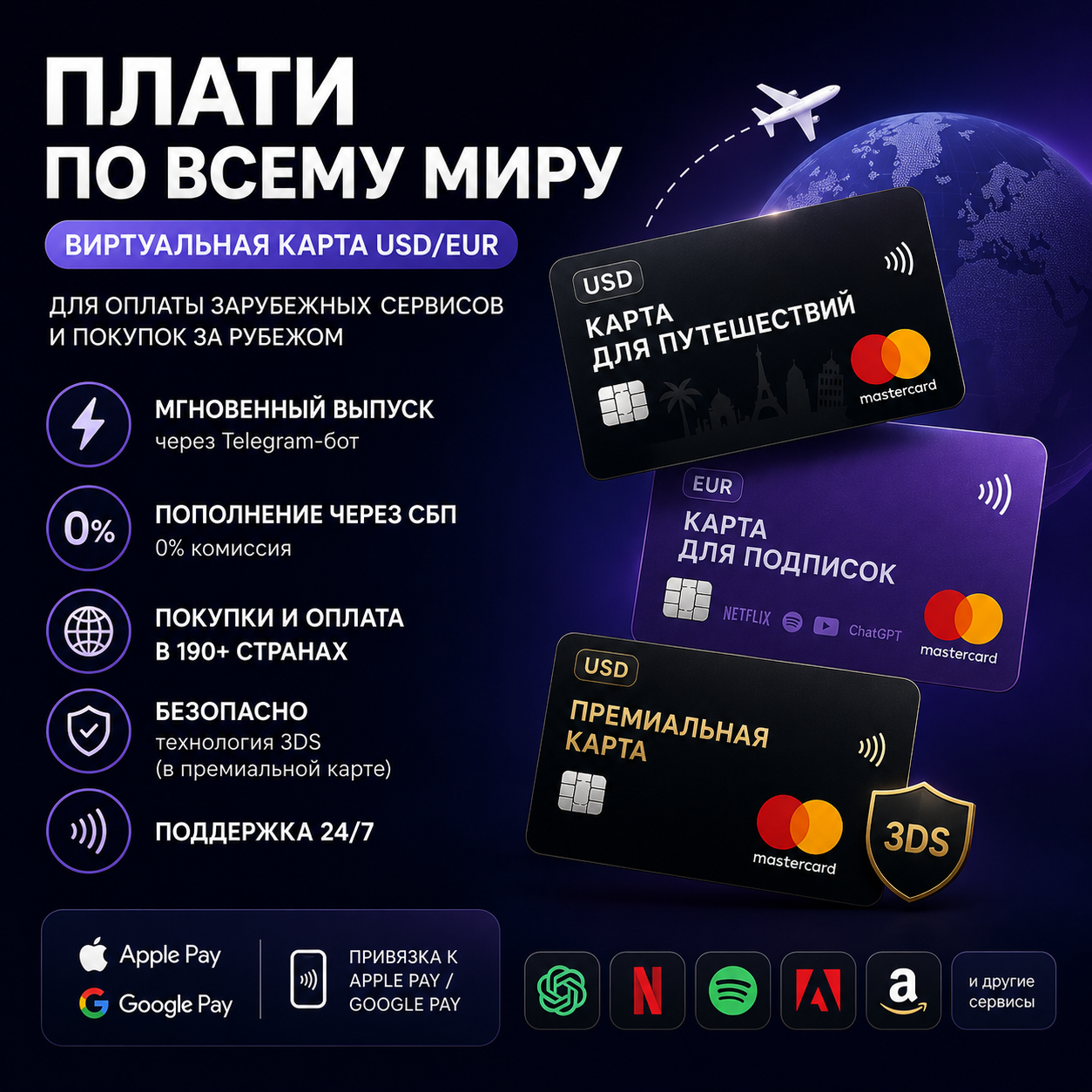 Плати по всему миру — виртуальная карта в USD