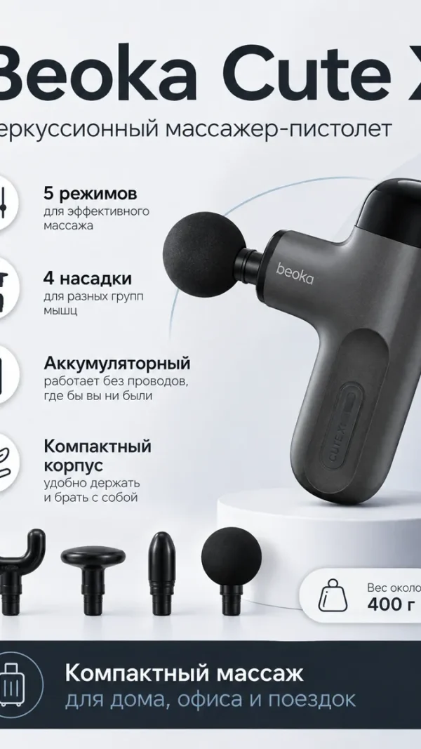 Массажер-пистолет Beoka Cute X, перкуссионный, 5 режимов, 4 насадки, аккумуляторный, Black