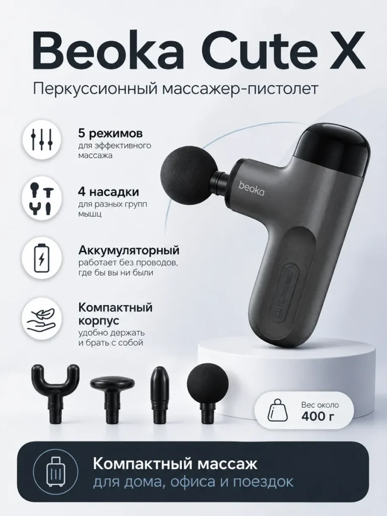 Массажер-пистолет Beoka Cute X, перкуссионный, 5 режимов, 4 насадки, аккумуляторный, Black