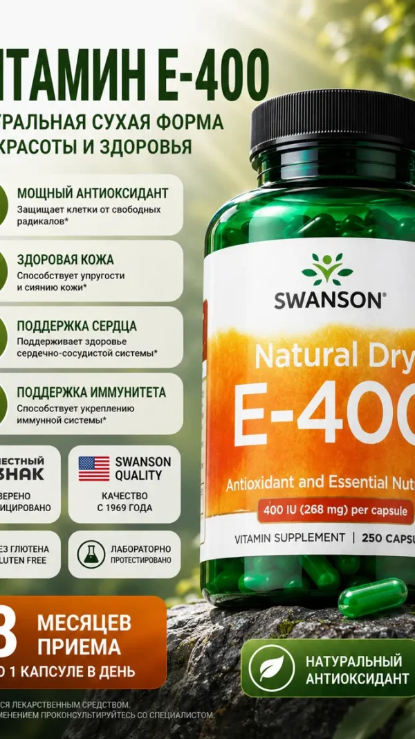 Витамин Е 400 МЕ Swanson Natural Dry E-400 250 капсул витамин E антиоксидант