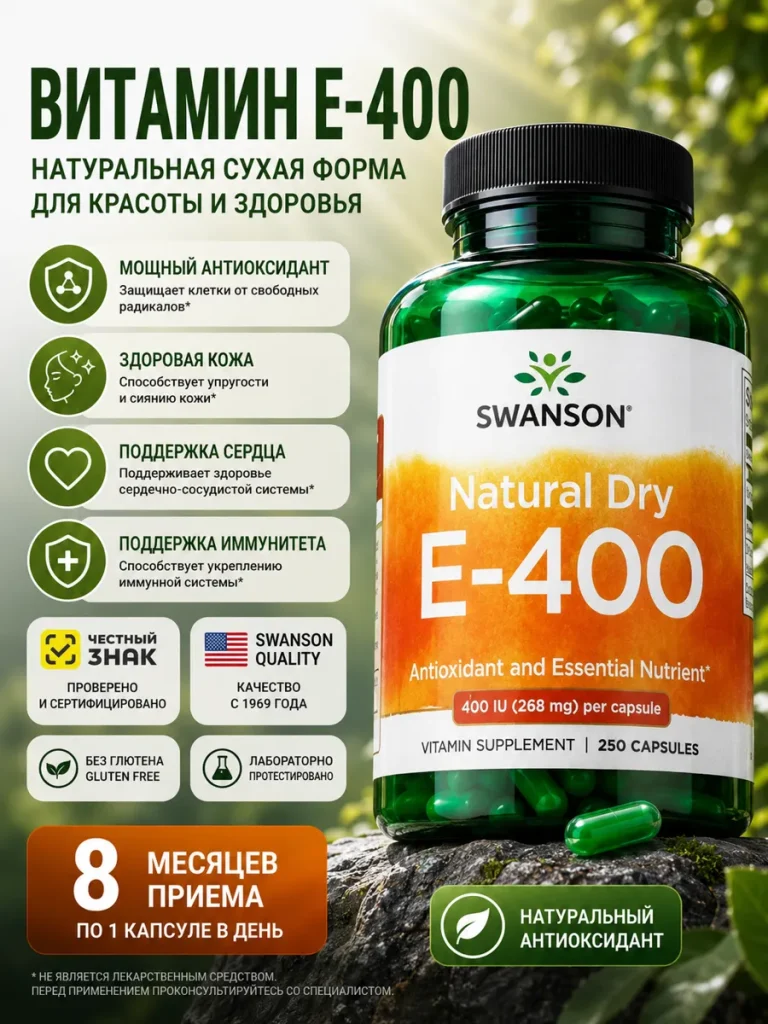 Витамин Е 400 МЕ Swanson Natural Dry E-400 250 капсул витамин E антиоксидант