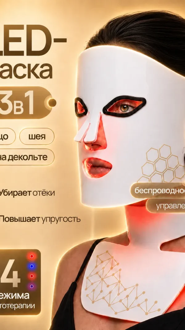 Светодиодная LED маска для лица и декольте, светотерапия, фототерапия, омоложение и лифтинг, антивозрастная, 4 режима
